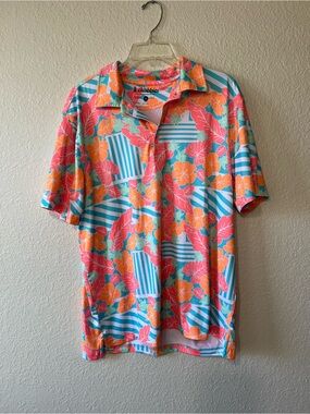 Chubbies Men’s Med Performance Polo Short Sleeve Golf Coral Turquoise Summer